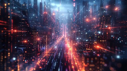 Poster - science and technology background featuring a futuristic cityscape bathed in the glow of neon lights
