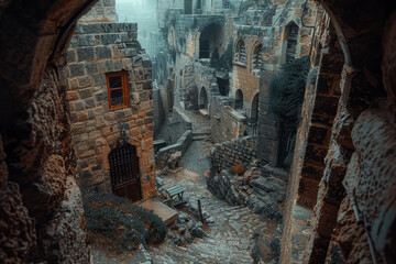 Aufkleber - illustration of an ancient city with stone buildings piled on top of each other, leaning dangerously