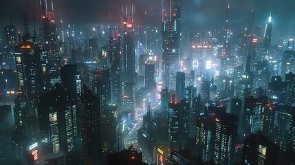 Poster - science and technology background featuring a futuristic cityscape bathed in the glow of neon lights