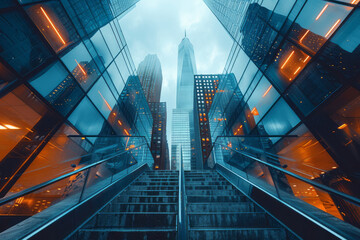 Aufkleber - scene of a modern urban area with glass skyscrapers leaning outward, appearing as if they could shat