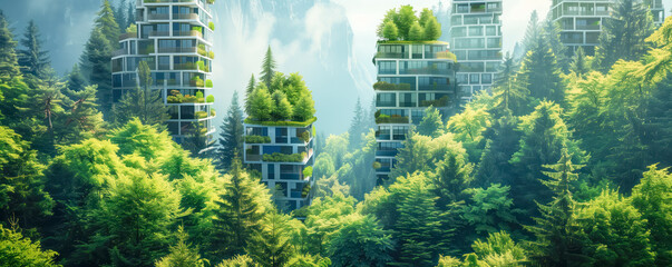 Canvas Print - Futuristic apartment houses standing in natural park in mountains. Sustainable lifestyle concept.