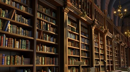 Book shelf with many books in the library hallway