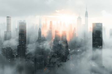 Aufkleber - Artistic rendering of a city with tall, slender buildings that sway in the wind, giving a sense of instability,