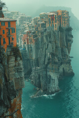 Aufkleber - illustration of a coastal city with buildings leaning over the edge of a cliff, looking as if they c