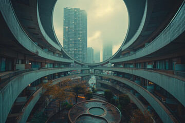 Aufkleber - image of a futuristic city where buildings are stacked in a spiral, with each level leaning precario