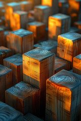 Aufkleber - artistic depiction of wooden cubes arranged to cast shadows resembling a city skyline at dusk,