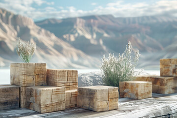 Aufkleber - artistic rendering of wooden cubes stacked to form the shadow of a majestic mountain range,