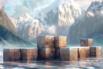 Aufkleber - artistic rendering of wooden cubes stacked to form the shadow of a majestic mountain range,