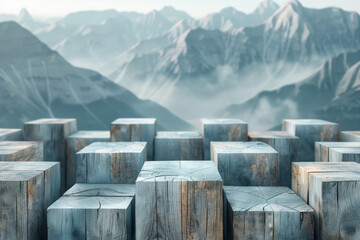 Aufkleber - artistic rendering of wooden cubes stacked to form the shadow of a majestic mountain range,