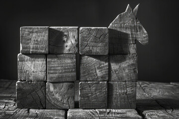 Image of wooden cubes arranged to form the shadow of a mystical creature, such as a unicorn or a griffin,