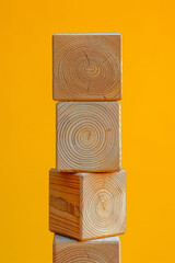Poster - Illustration of four wooden cubes arranged in a zigzag pattern, creating a minimalist fence against a solid yellow background,