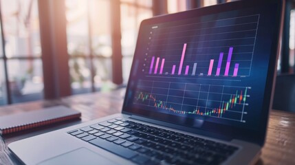 Fototapete - A laptop screen showing a bar graph with key performance indicators, illustrating progress and achievements in business.