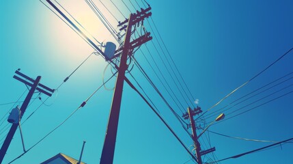 Poster - A low-angle view of power lines and utility poles against a clear blue sky, with sunlight casting dramatic shadows on the ground below.