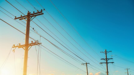 Poster - A low-angle view of power lines and utility poles against a clear blue sky, with sunlight casting dramatic shadows on the ground below.