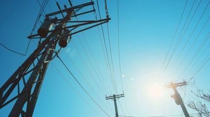 Poster - A low-angle view of power lines and utility poles against a clear blue sky, with sunlight casting dramatic shadows on the ground below.
