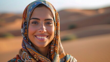 Canvas Print - carefree portrait of an Omani woman with a joyful smile, her happiness radiating against a backdrop of majestic desert dunes