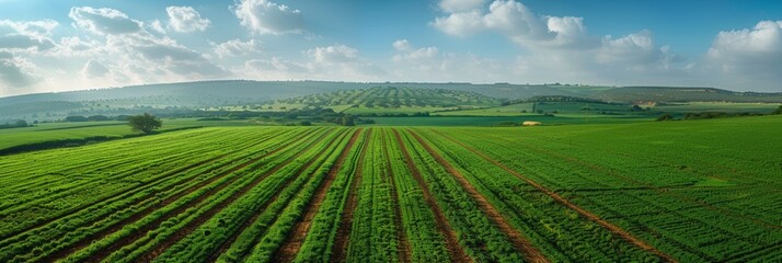 Expansive panoramic view of lush green fields under a vivid sky, capturing the essence of rural beauty and tranquility. Generative Ai