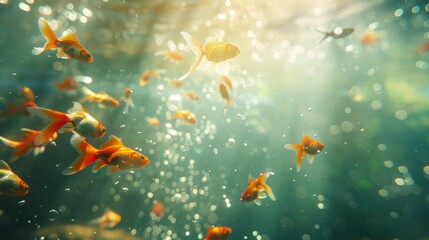 A mesmerizing underwater view of a goldfish tank, with bubbles rising and sunlight filtering through the water, creating a tranquil ambiance.