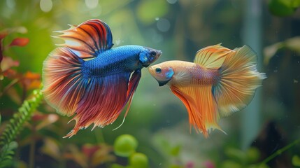 Poster - A pair of betta fish engaged in a courtship dance, with the male displaying vibrant colors and intricate fin movements to impress the female.