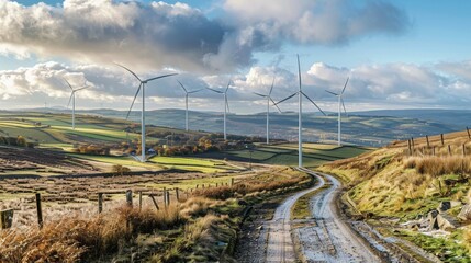 Wall Mural - A panoramic view of wind turbines in a rural setting, with rolling hills and farmland stretching to the horizon.
