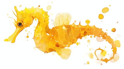 Wall Mural - A vibrant yellow seahorse depicted in a 2d illustration set against a crisp white background