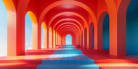 A long hallway with arches featuring blue and red walls, creating a striking visual contrast in the architectural design