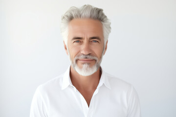 Poster - Portrait handsome happy smiling mature man with toothy smile, gray hair, bearded on white background