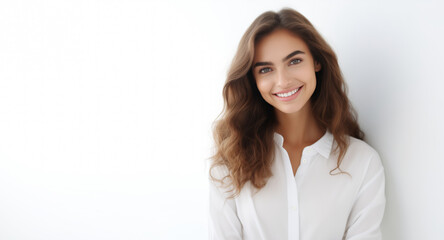 Wall Mural - Portrait of beautiful happy smiling young woman with toothy smile on white studio background