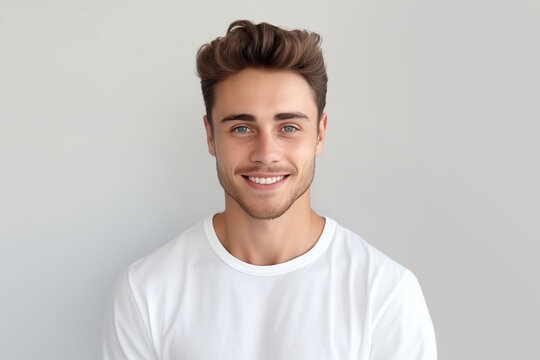 Portrait of handsome happy smiling young man with toothy smile looking at camera on white background