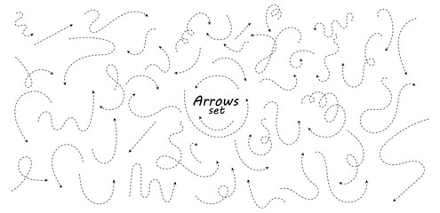 Poster - Set of hand drawn thin dash line arrows. Collection of curved pointers. Black dot vector pointers pointing in different directions. Simple design elements of signpost showing confusing complex path