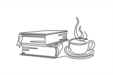 Poster - Continuous line drawing of book and coffee, vector illustration, one line