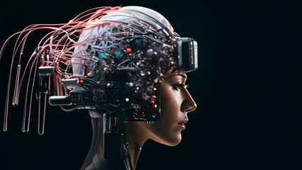 Aufkleber - A woman's head is shown with a lot of wires and circuits. Concept of technology and artificial intelligence