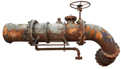 old rusted industrial pipe with valve and flaking paint, showing wear and tear. depicts vintage mech