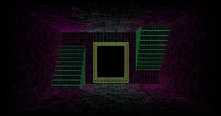 Poster - Wire low poly frame of a futuristic corridor or tunnel, consisting of lines and polygons in neon color on a black background. vector illustration.