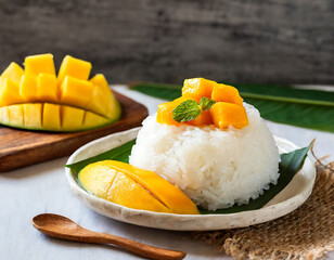 Poster - Fresh Mango Sticky Rice on Natural Fiber Mat with Rustic Background