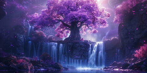 Wall Mural - Enchanted Waterfall and Glowing Tree