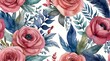 © Free - repeating pattern of pink and coral roses with blue and green leaves on a white background.