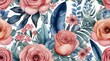© Free - repeating pattern of pink and coral roses with blue and green leaves on a white background.