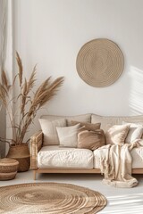 Wall Mural - A living room with a couch, a vase, and a round rug. The couch is white and has pillows on it