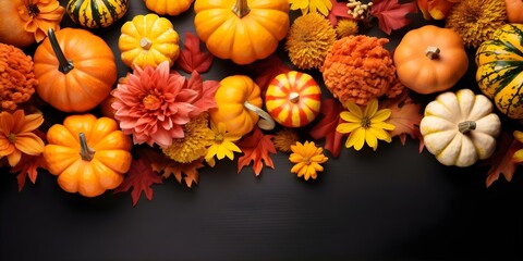 Wall Mural - Flat lay of autumnal elements for Thanksgiving with leaves pumpkins and flowers. Concept Autumn Decor, Thanksgiving Inspiration, Seasonal Flat Lay, Fall Elements, Harvest Arrangement