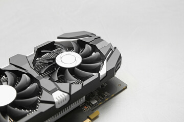 Poster - Computer graphics card on gray textured background, closeup. Space for text