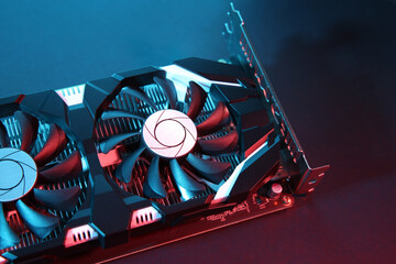 Poster - Computer graphics card on color background, closeup