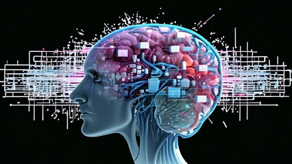 Poster - AI robot's head containing a computer chip.
