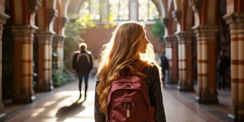 Student girl heading to class with backpack for the semester. Concept Back-to-School Outfit, Trendy Backpack, Campus Style, Fall Semester Fashion