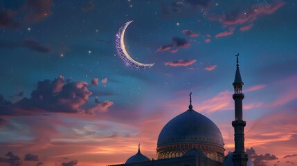 Mosques dome on dark blue twilight sky and crescent moon on background, symbol islamic religion and free space background well for text arabic present, Eid al Adha. 