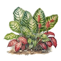 Wall Mural - Watercolor illustration of lush green and red tropical plants. Detailed botanical print featuring exotic leaves and vibrant colors.