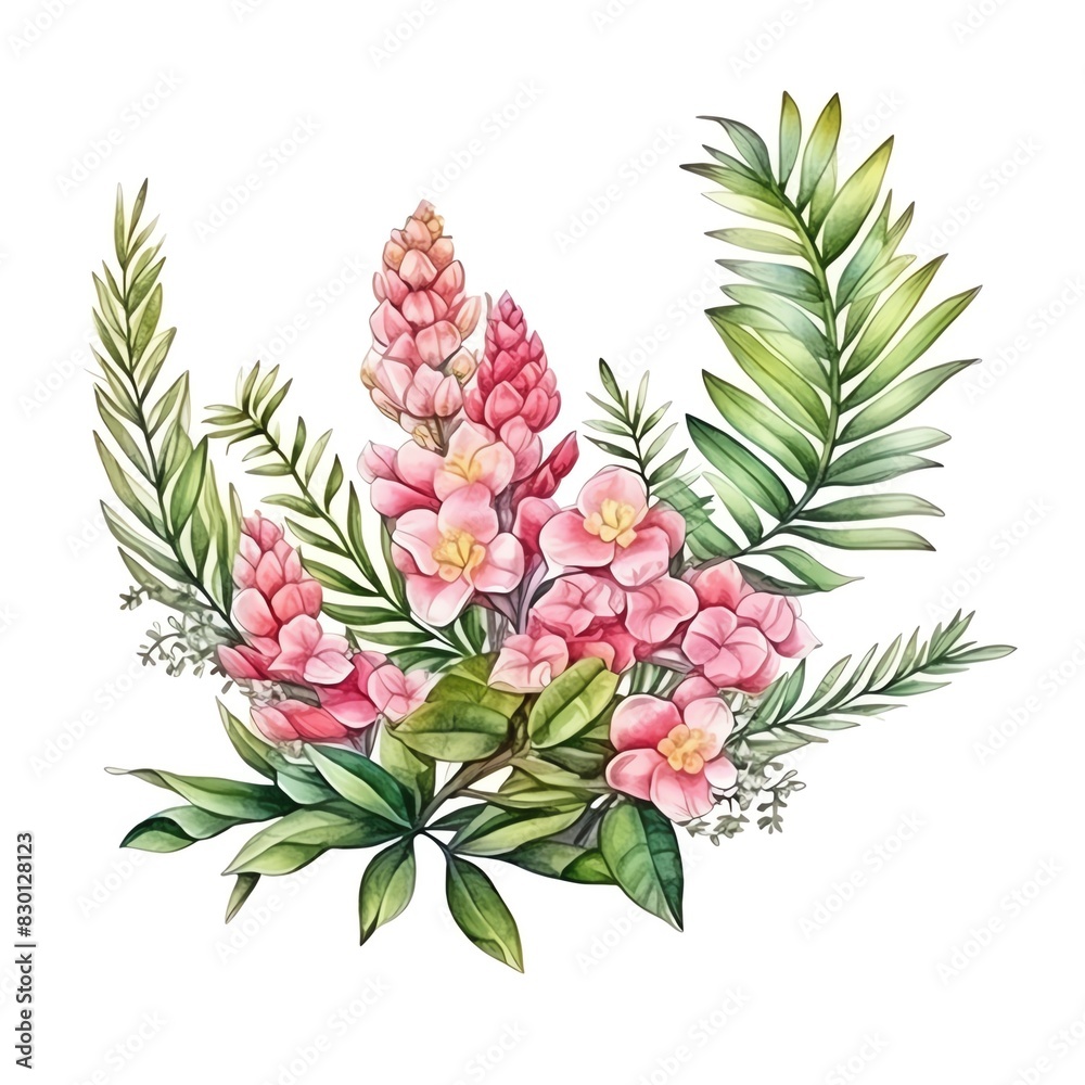 Beautiful watercolor illustration of pink flowers with green leaves ...