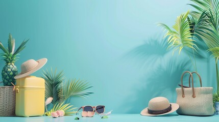 Bright and colorful tropical vacation scene with luggage, palm trees, and beach accessories, creating a sense of adventure and relaxation.