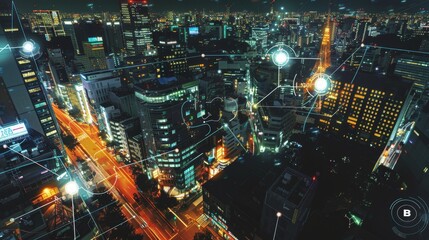 Night view of a bustling city illuminated with GPS markers and data visualizations, illustrating the advancement of city information systems and innovative tech solutions.