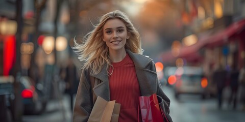 Wall Mural - Blonde woman with shopping bags strolling through urban street. Concept Shopping Spree, Urban Chic, Blonde Beauty, City Fashion, Street Style